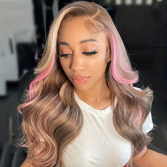 Ombré Highlight Golden Brown/Pink Body Wave Human Hair 13x4 Lace Frontal Wig - Picture 1 of 9